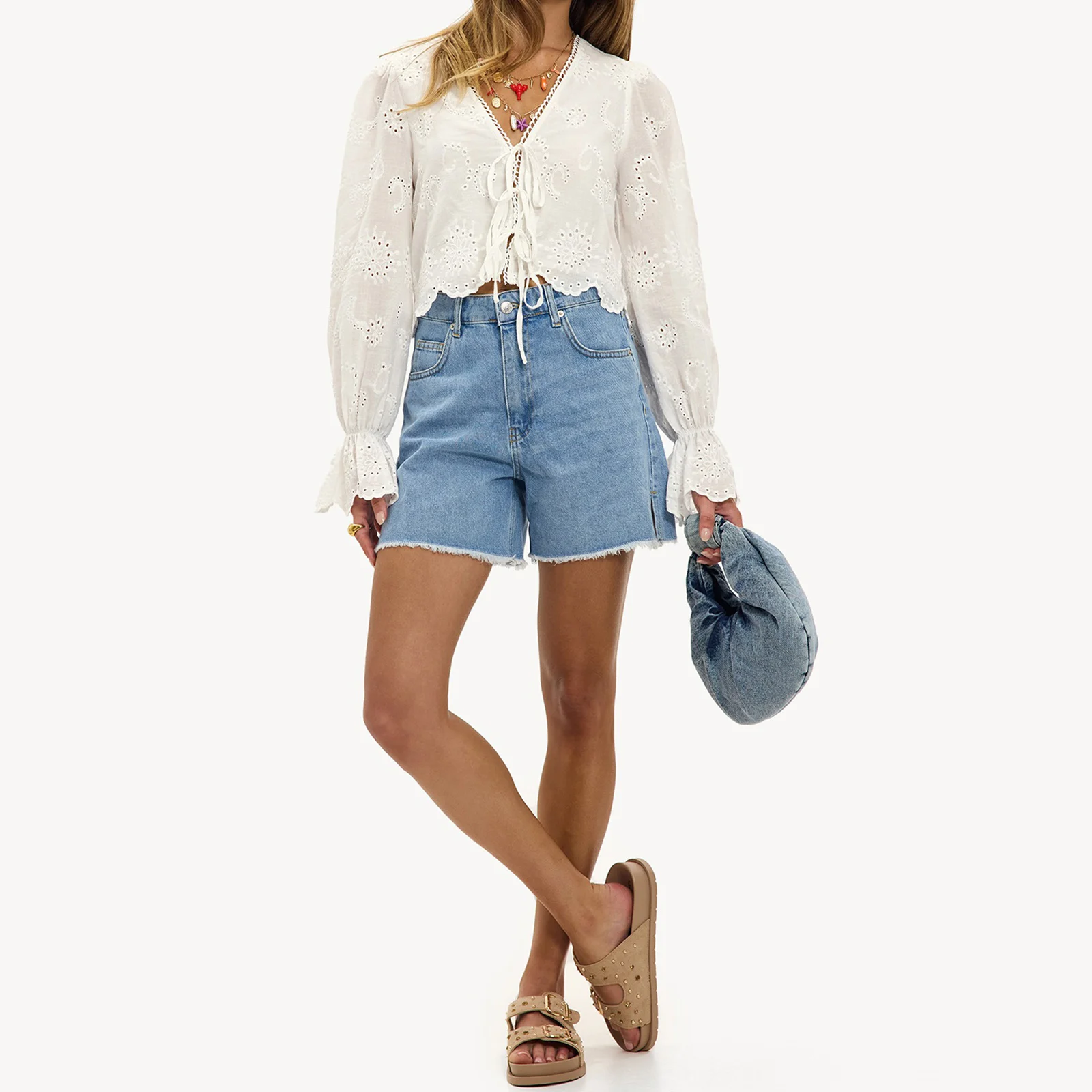 

New Women Tie Front Blouse Hollowed Flower Embroidered Long Bell Sleeve V Neck Crop Tops Fall Streetwear S M L