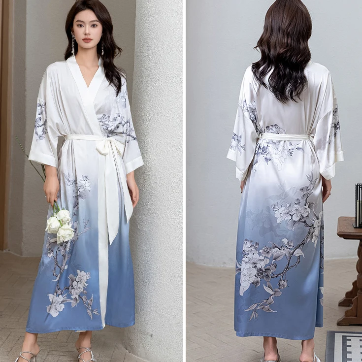 Women Rayon Bathrobe Long Large Size Nightgown Kimono Gown Print Flower Home Clothes New Spring Nightwear Intimate Lingerie