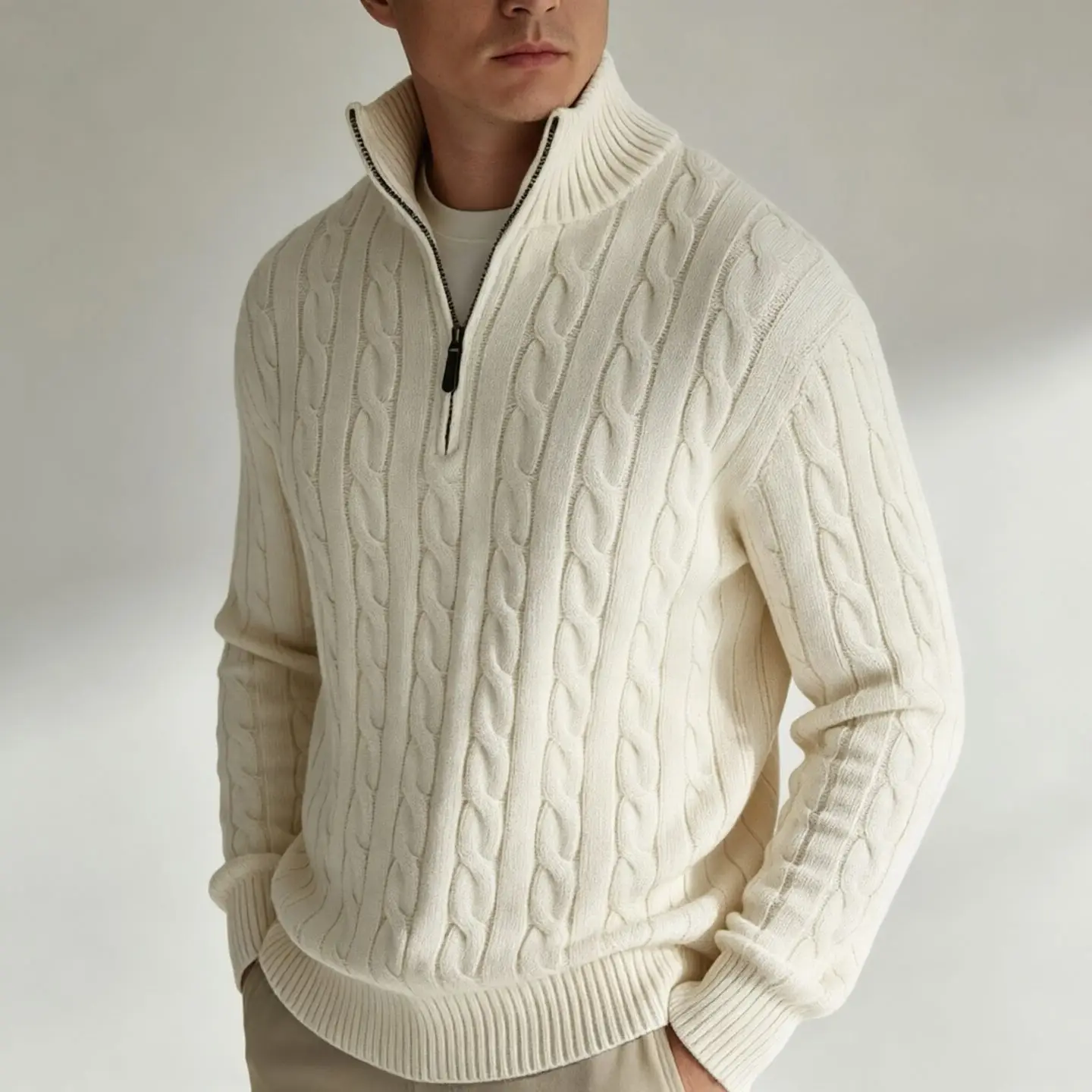 Italian Retro Style 100% Combed Cotton Vintage Cable-Knit Half-Zip Long-Sleeve Sweater for Men Autumn/Winter Unisex Pullovers