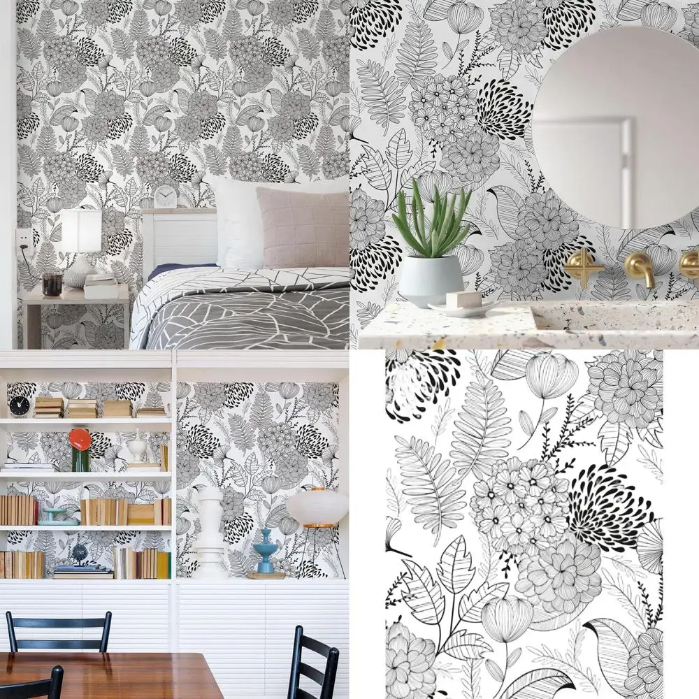 

Vintage Boho Floral Peel and Stick Wallpaper - Black & White, Waterproof, Removable for Bathroom Cabinets & Drawers, 787 L x 17.