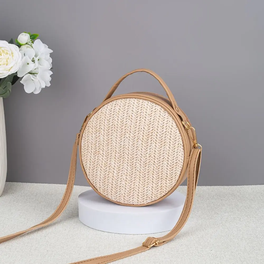 Fashion Straw Woven Straw Woven Bag Round Shape Crossbody Strap Shoulder Purse Zipper Closure Round Handbag Casual Wear