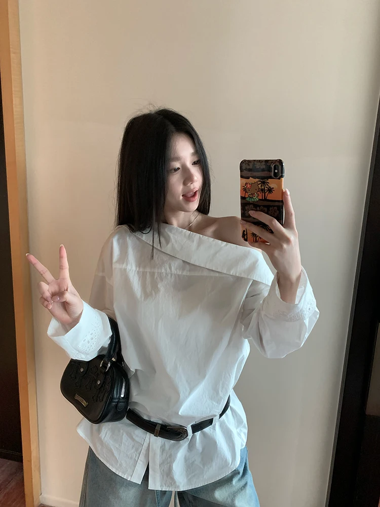 

YOKLASS Summer New Sle Long Sve Asymmetrical irt oulder Design Slimming Effect Korean Sle Cotton Blend Blouse