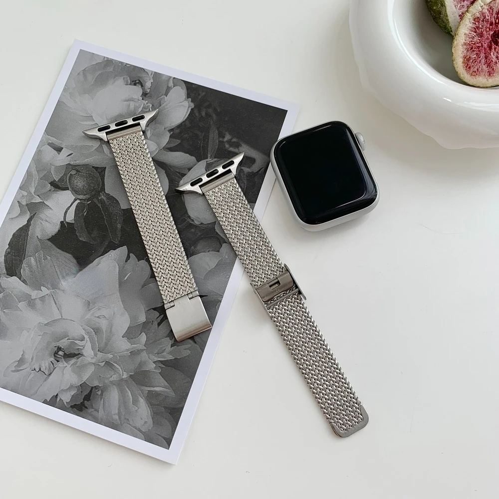 سوار ساعة العلامة التجارية الجديدة حزام ساعة اليد لساعة iwatch1234567se بسيط نمط الأذن القمح الفولاذ المقاوم للصدأ حزام ساعة لساعة أبل