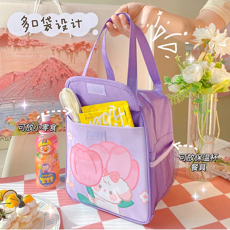 Kawaii Portable Thermal Lunch Box Bags for Kids Cartoon Pink Food Storage Handbags Cute Meal Pouch Insulated Cooler Bento Bag