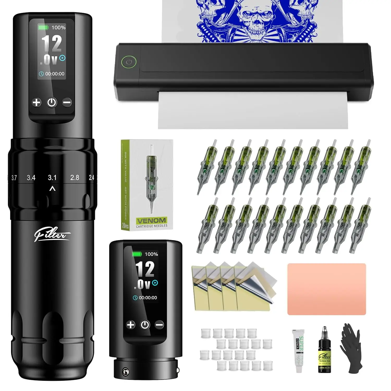 

Tattoo Stencil Printer Kit with 7-Stroke Machine, 1600mAh Battery & 20 Cartridge Needles for Beginners & Artists