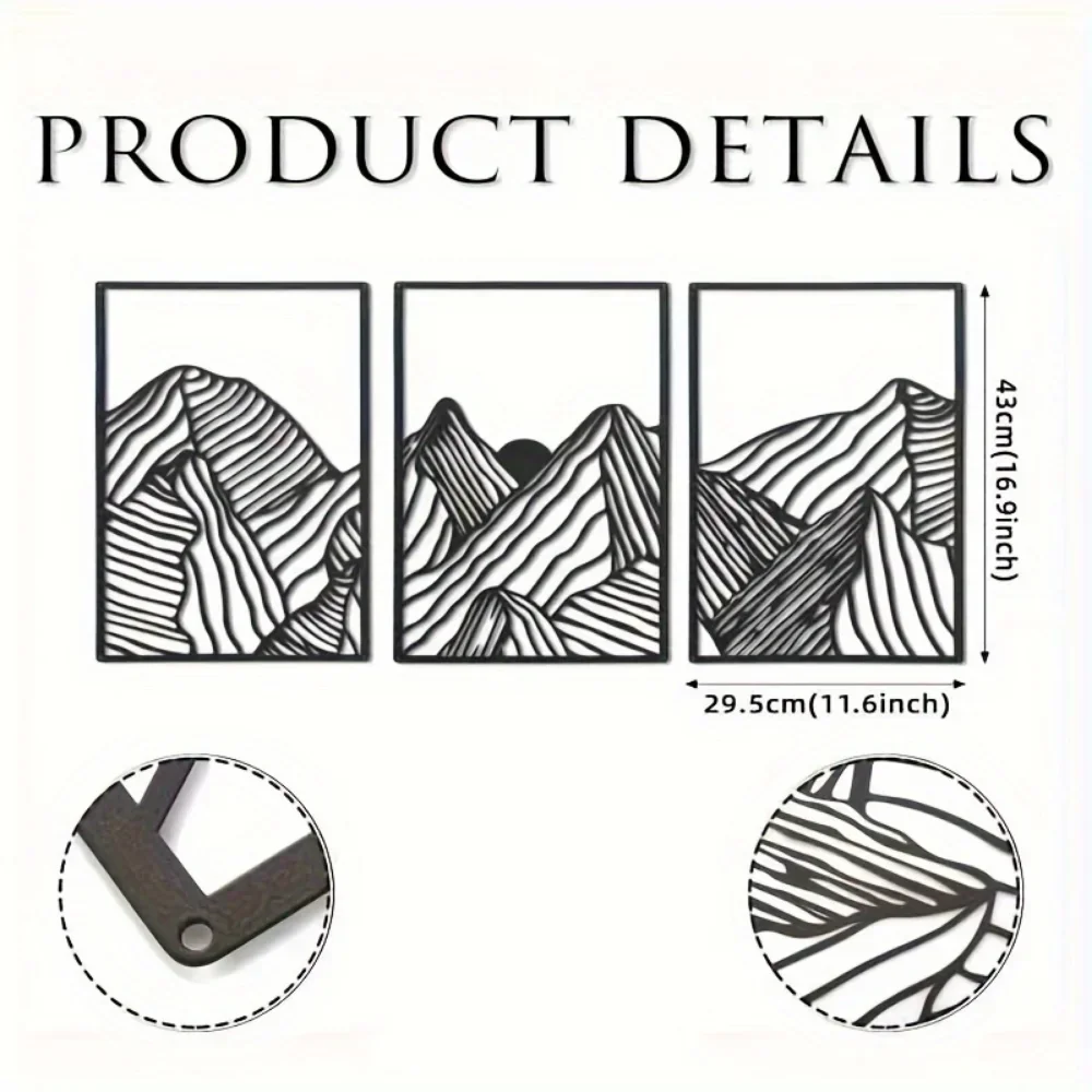 

Square Hollow - Out Panels 3pcs/aet Metal Wall Art - Mountain Landscape, Charming Modern Decor for Bedroom
