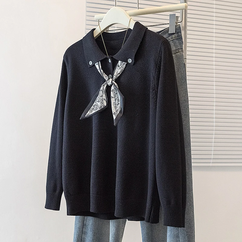 Stylish Women Sweater Pullovers Polo Collar Jacquard Long Sleeve Tops 2025 Autumn Elegant Fashion Chic Ladies Jumpers Knitwear