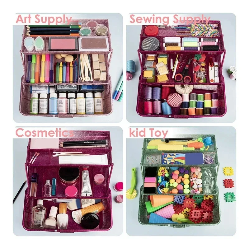 Glitter Pink & Craft Tool Storage Box,3-Layer Stackable Carry Tackle Box Sewing Box Organizer For Art