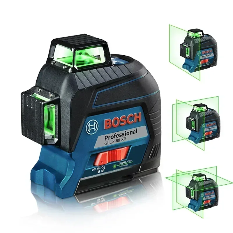 Poziomica laserowa BOSCH 12-liniowa zielona Poziomica 3D Samopoziomująca 360°° Krzyżak poziomy i pionowy Super mocne narzędzie pomiarowe GLL3-60XG