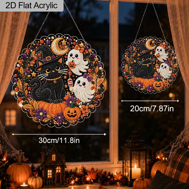 2D Flat 1Pc 30cm/20cm Acrylic Halloween Witch Black Cat & Cute Ghost Pearl Diamond Art Kit, DIY Diamond Painting Hanging