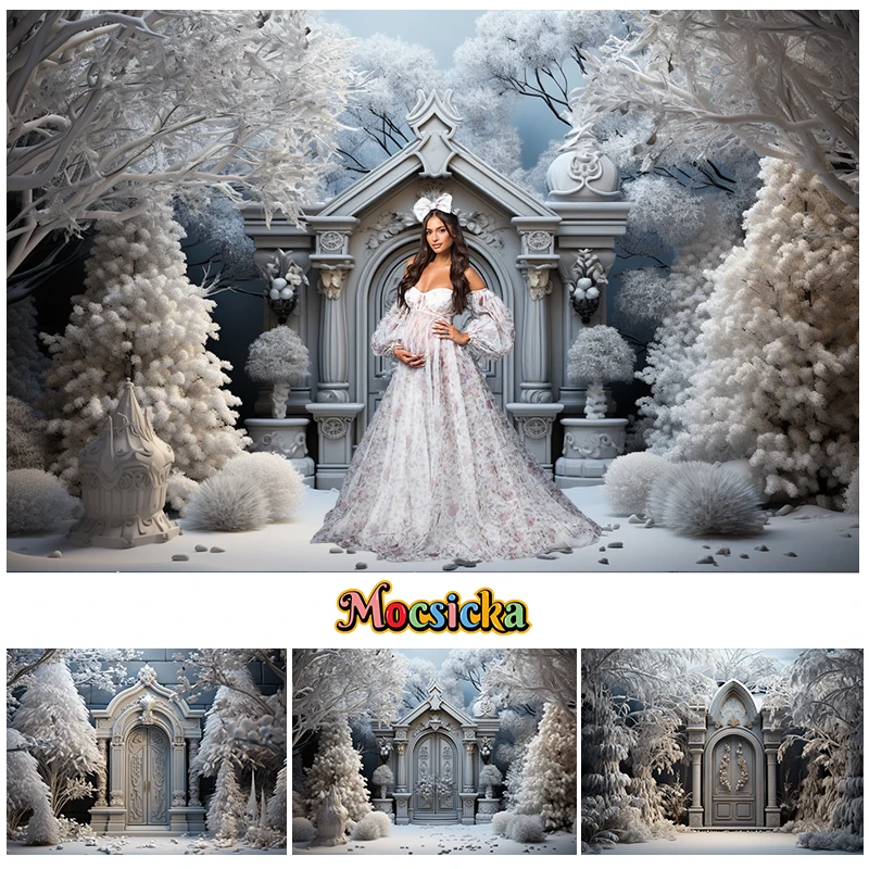 Mocsicka Princess Photography Background Maternity Dresses Photoshoot Winter Christmas Backdrop Door Snow Xmas Tree Party Decors