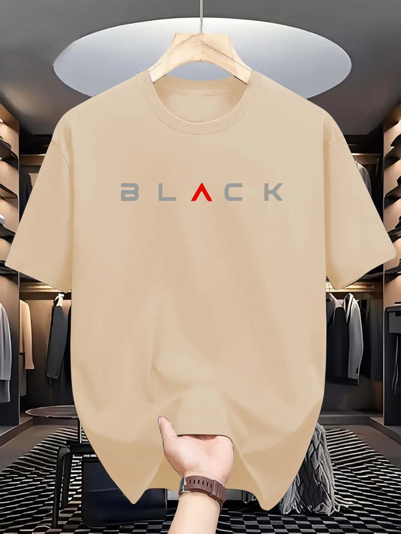 Summer men's 100% pure cotton casual loose fit plus size BLACK letter pattern printed round neck short sleeved T-shirt top image 2
