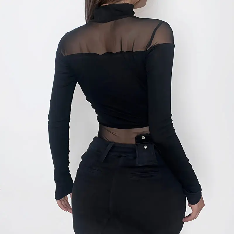 Sexy Hohl Bodysuit frauen Dünne Lange Ärmeln Perspektive Mesh Tops Einfarbig Mode Overall Bodenbildung Schwarz Y2k Kleidung – Detail 6
