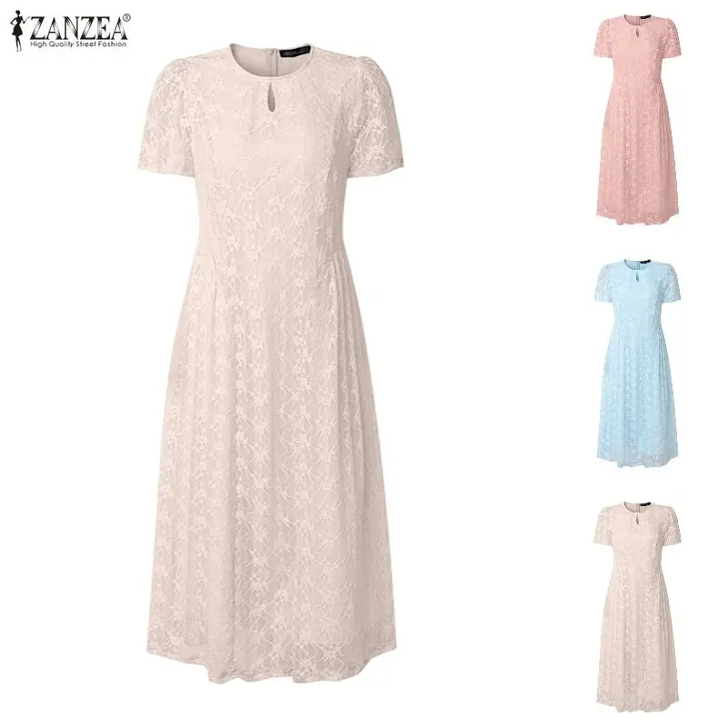 2026 Sommer Spitzen-Patchwork-Sommerkleid ZANZEA Damen Elegantes Kurzarm-Hohlstickerei-Partykleid Bestickte Kleider Arbeitskleidung Midi-Robe