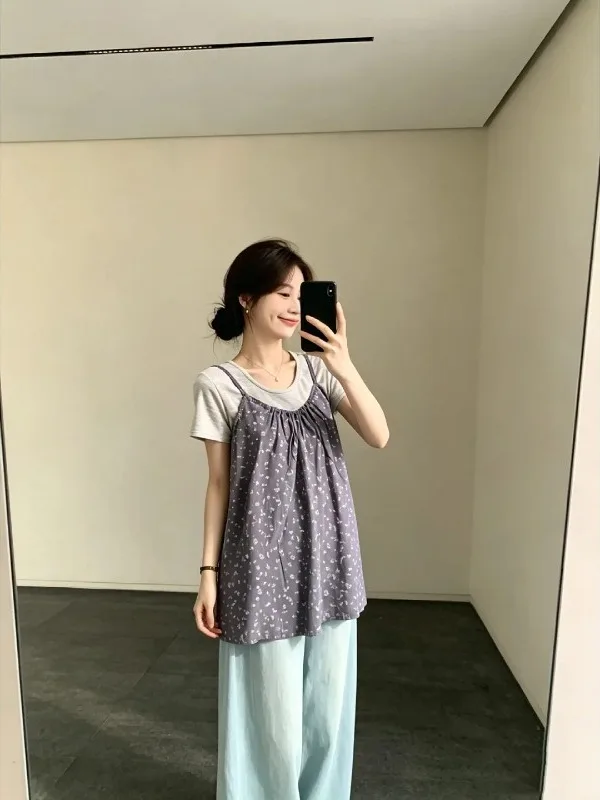 

plus Size Women's Korean Style Floral Print Camisole Tank Top Short Sleeve T-Shirt Two-Piece Set Fashionable Layering Outfit