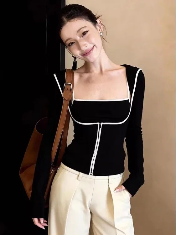 

Korean Sle Women's Knitted Cardigan Bla Square Collar Two-Piece Set Early Spring Inner Wear Base Layer Top with Vest