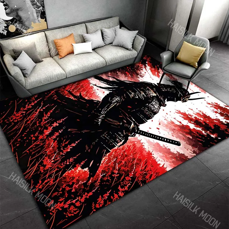 Samurai silhouette in red field Print Carpet Rug for Living Room Bedroom Sofa Doormat Home Decor Non-slip Floor Mat