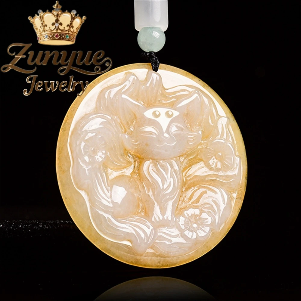 

Natural Myanmar A - grade Jade Fox Spirit Nine - Tailed Fox Burnt Yellow Craftsmanship Pendant Ice - type Jade Charm Pendant Gif
