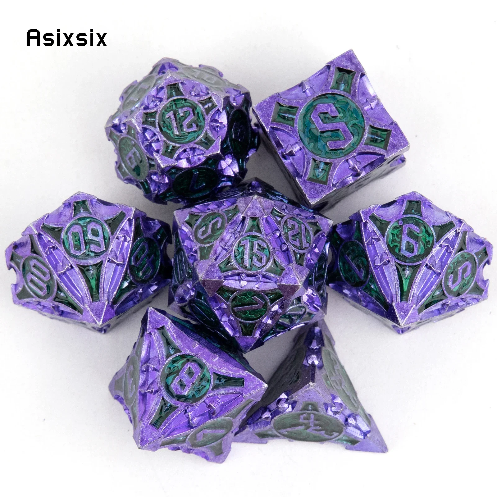 

7 Pcs Green Purple Solid Metal , Dnd Dice Set Perfect For Card Games Board Games For Critical Role, Rpgs, D&D