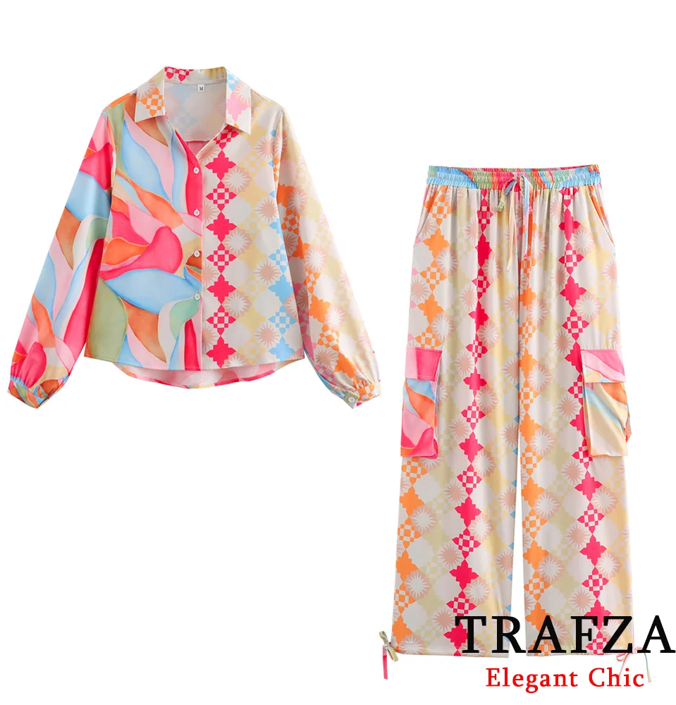 TRAFZA-Ensemble Chemise Décontractée Imprimée pour Femme, lèvent à Revers, Vêtements de Travail, Poches, Pantalon, Vacances, Printemps 2024