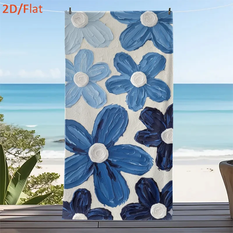 Blue Floral Beach Towel, Oil Painting Flower Print Bath Towel, Aesthetic Summer Essential for Beach & Pool 1pcs