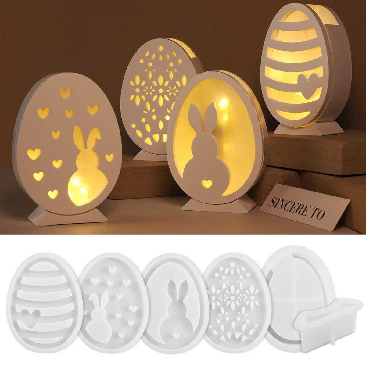 3D Easter Hollow Egg Rabbit Silicone Mold DIY Cute Bunny LED Night Light Casting Molds Plaster Resin Craft Gift Making Home Deco