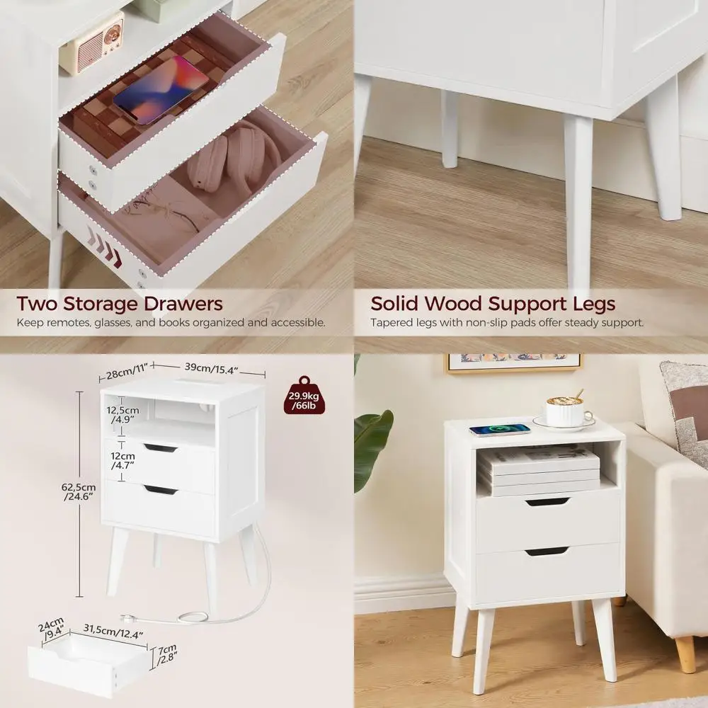 

Прикроватная тумбочка с зарядной станцией, белая, с 2 ящиками и открытой полкой, на ножках из массива дерева, для небольших помещений