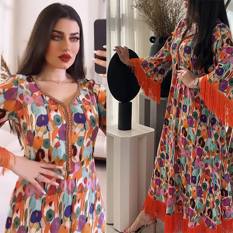 

Eid Party Dresses for Elegant Women Muslim Tassel Print Ramadan Kaftan Turkey Arabic Casual Robe Dubai Islamic Morocco Jalabiya