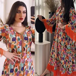 Eid Party Dresses for Elegant Women Muslim Tassel Print Ramadan Kaftan Turkey Arabic Casual Robe Dubai Islamic Morocco Jalabiya