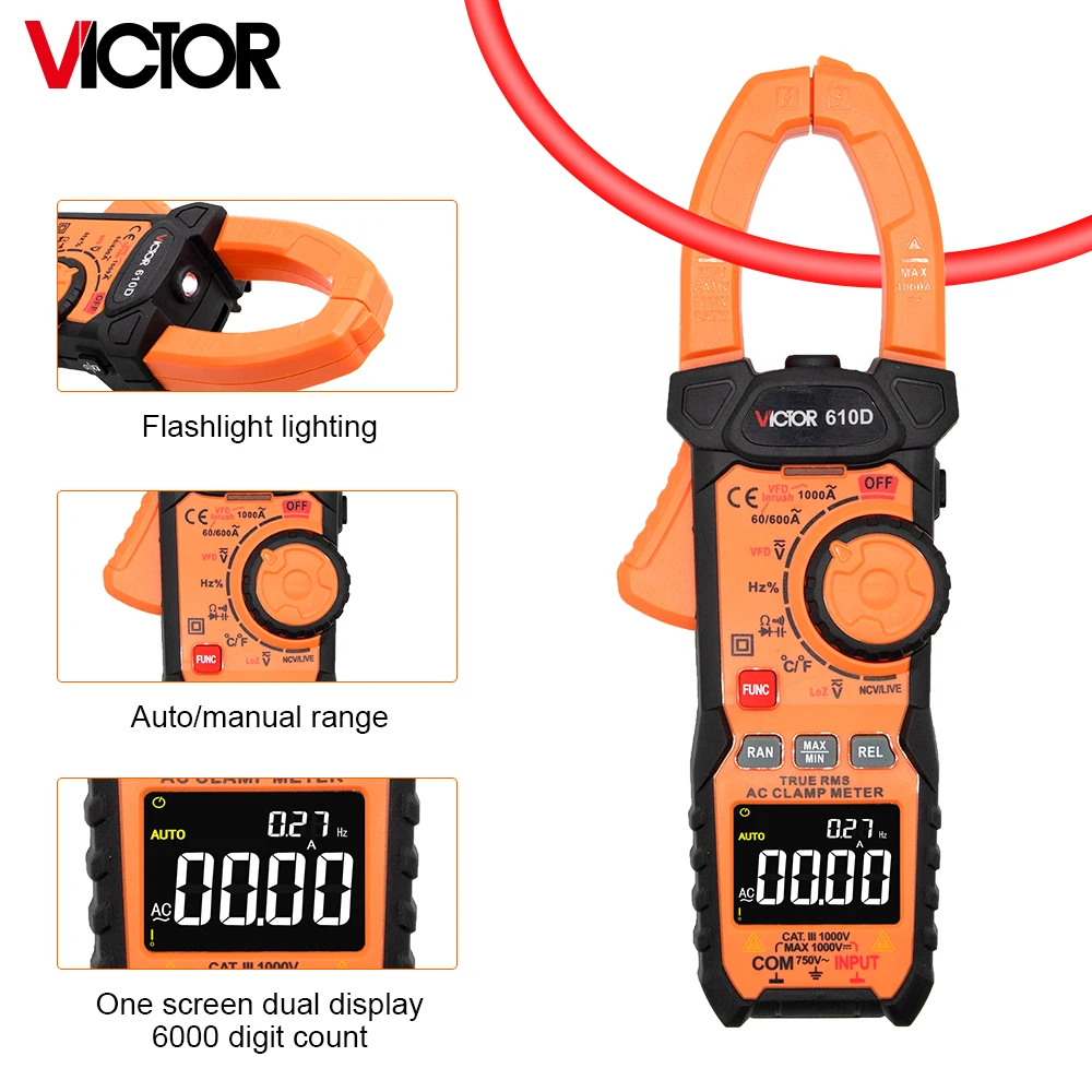 Victor Digital Clamp Multimeter AC/DC 1000V 1000A True RMS VFD Multimeter NCV Live Backlight Function 6000 Counts Display