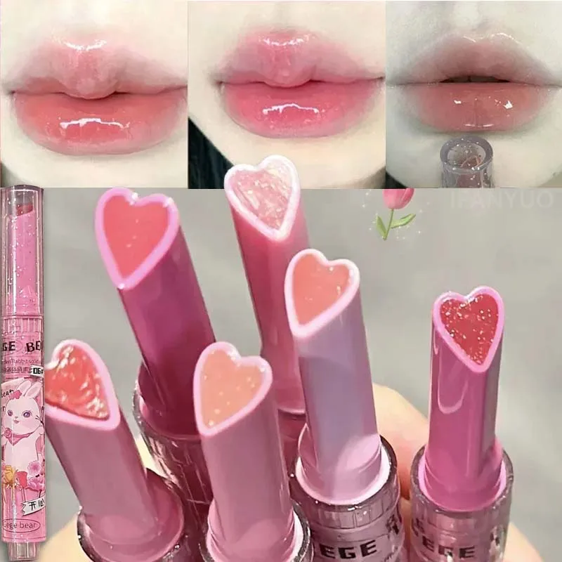 Brillo Labial Sólido Pink Rabbit en Forma de Corazón, Lápiz Labial en Gel, Hidratante de Larga Duración, Bálsamo Labial con Efecto Espejo, Maquillaje Labial Resistente al Agua