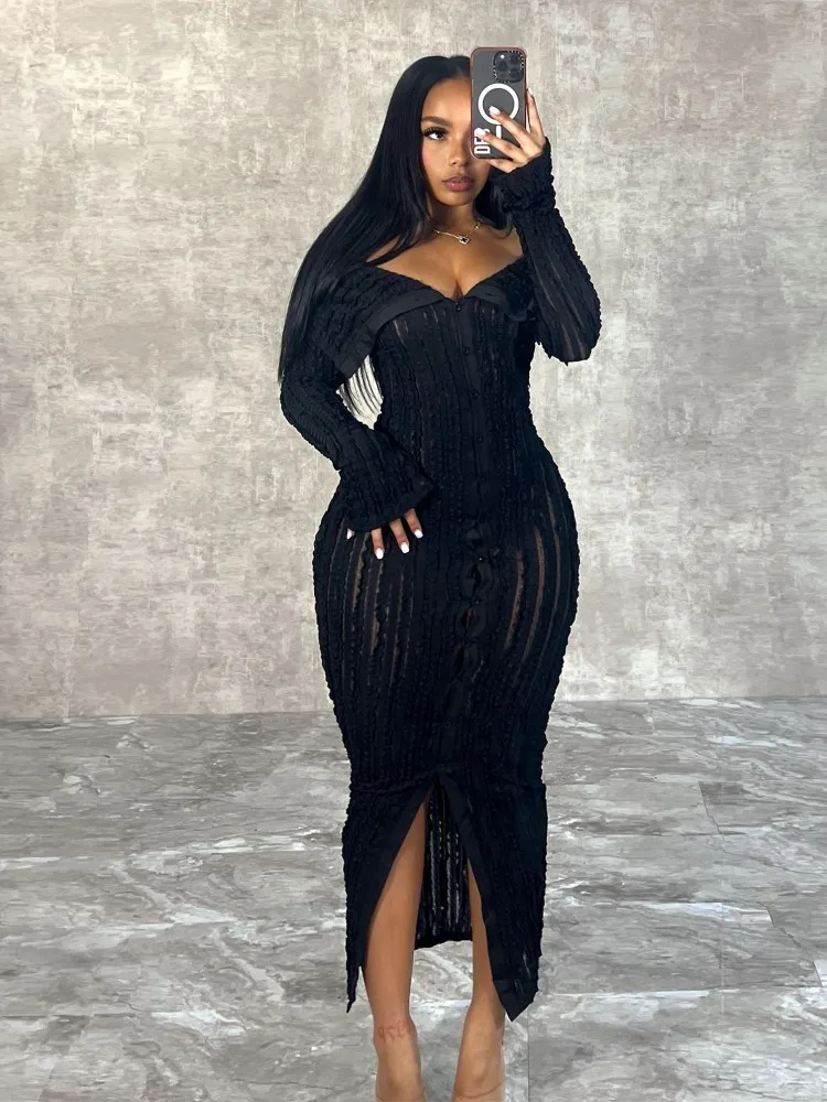 

RT Sexy Women Slit Dress Sash Neck Long Sleeves Bodycon Dresses