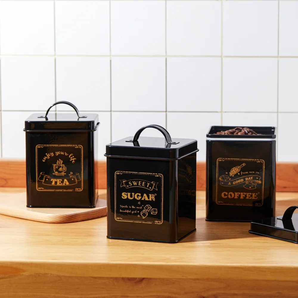 

Tea Sugar Coffee Storage Jars, Black White Metal Sealing Box, Home Kitchen Cereals Candy Canister, Seasoning Organizer Tank