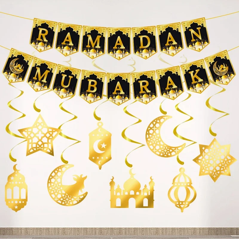 Ramadan Decoration Paper Banner Garland 2025 Eid Mubarak Moon Star Mosque Hanging Swirl Ornament Islamic Muslim Party Home Decor