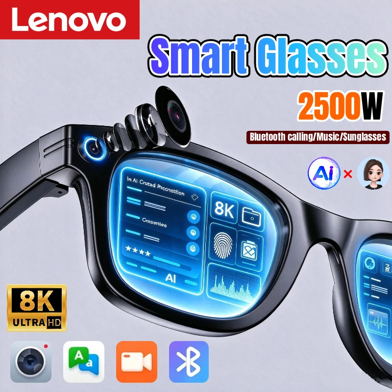 Lenovo New AI Smart Glasses Real-time Translation Glasses 2500W Pixel Camera Photo Video Recording Waterproof Smart Sunglasses