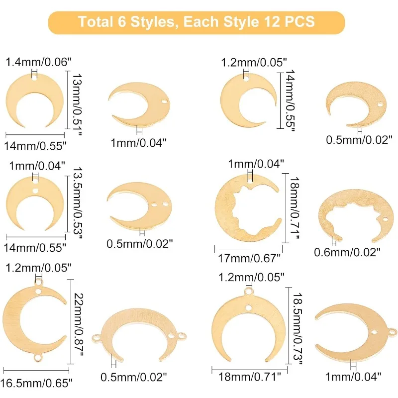 72Pcs 6 Style Moon Connector Charms Brass Jewelry Links Crescent Moon Dangle Connectors Blank Tag Pendants for DIY Necklace - view 2