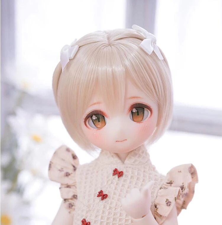 A20子供用おもちゃBJD DD SD MSD 1/3 1/4 1/6ドールアクセサリーかつら可愛い素敵なリボンショートヘアブラウンゴールドカラー1個