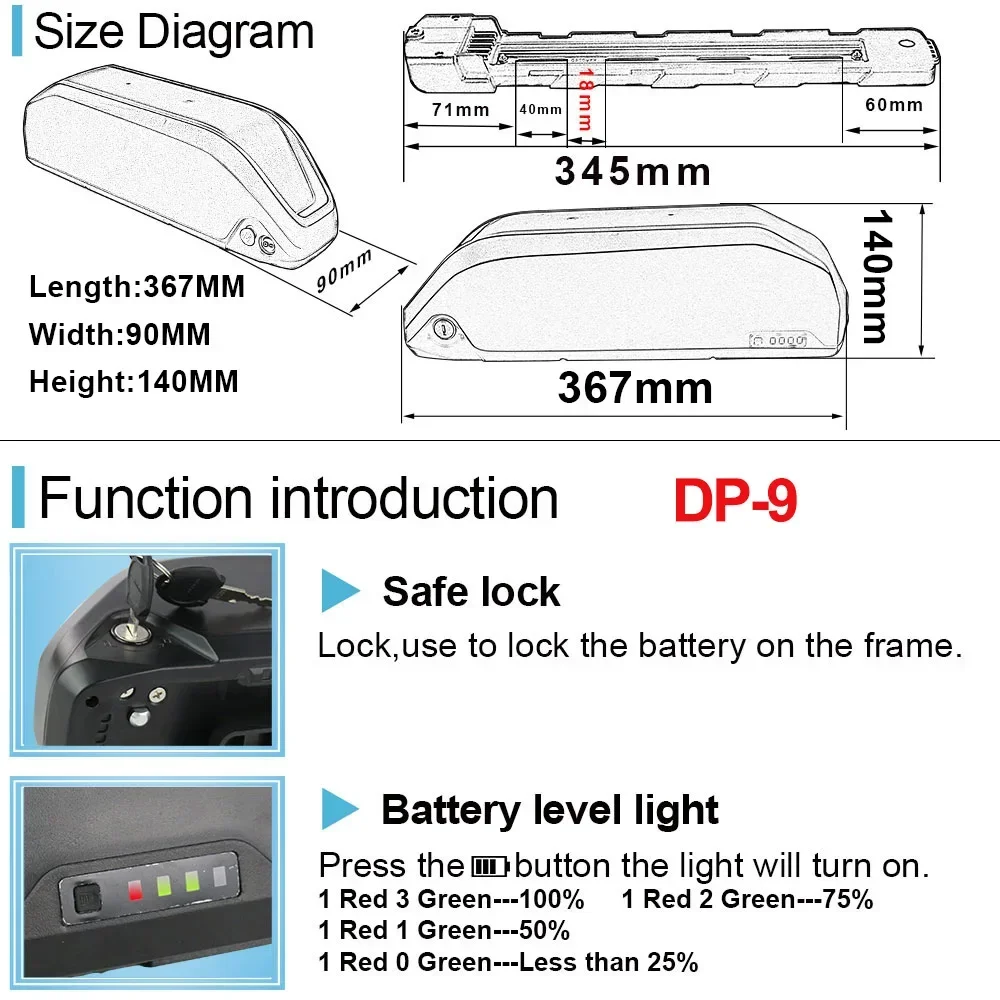 Imagem -03 - Gegeng-bateria Elétrica para Polly Dp-9 Downtube 36v 48v 52v 20ah 25ah 30ah 35ah 40ah 45ah 350w 1000w 2000w