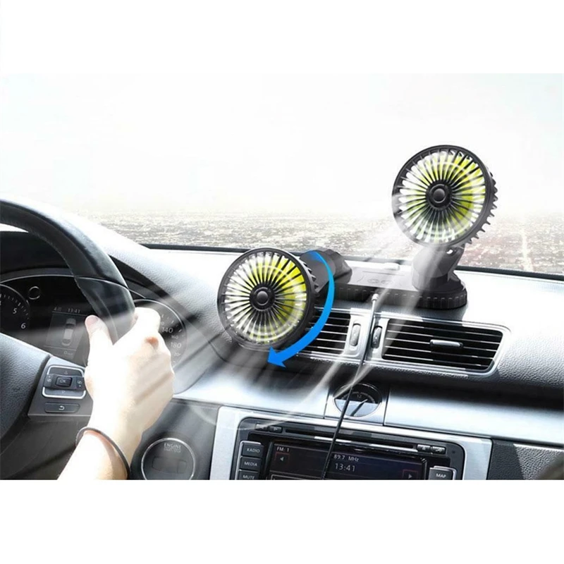 Car Fan USB Powered Dual Head 5-Blade Dash Fan 360° All-Round Adjustable Car Auto Cooler for 12V 24V Auto Truck SUV