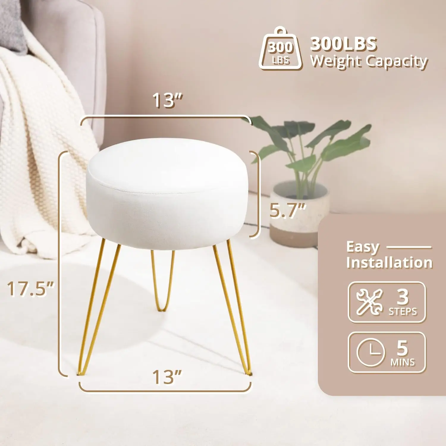 /BONA Vanity Stool, White Vanity Stools for Makeup Room, Round Ottoman Foot Stool