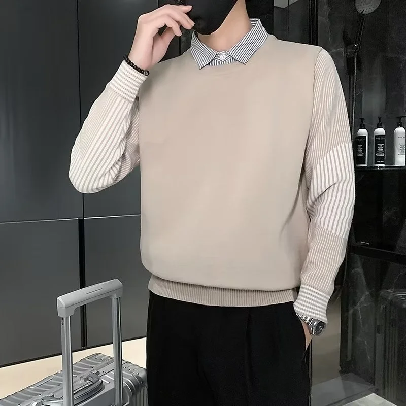 

Fashion Button Spliced Knitted Fake Two Pieces Striped Sweater Men's Clothing 2023 Autumn New Casual Pullovers Loose Warm Tops