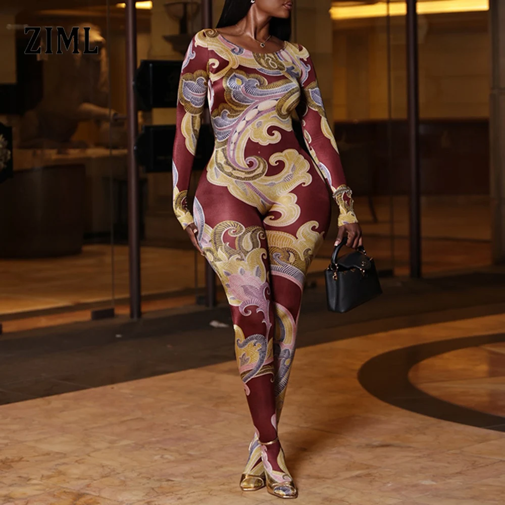 

ZIML Slimming Printing Design Sense Jumpsuits For Women Round Neck Long Sleeve High Waist Pants Chic Jumpsuit Female Fashion New