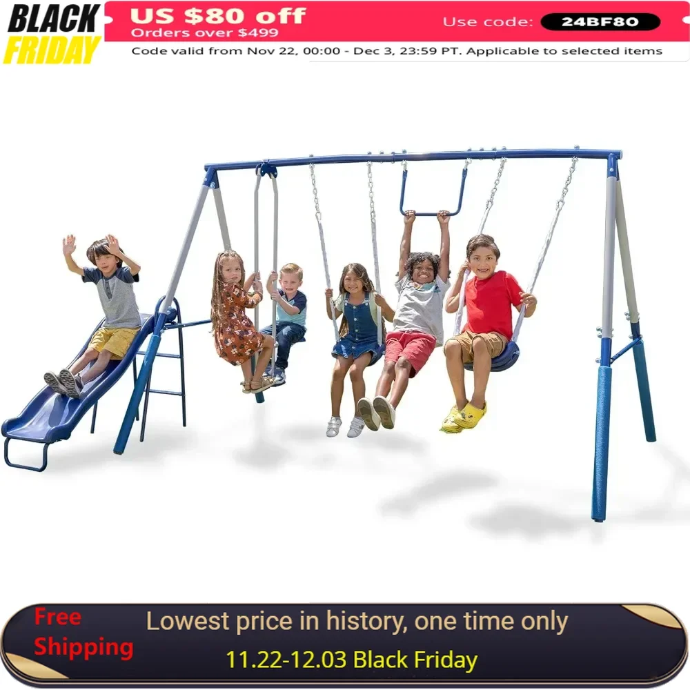 Swing Sets, 2 Non-slip Swing Seats, 1 Trapeze Bar, 1 Two-person Glider, All Swings Chains Are Adjustable, Outdoor Swing