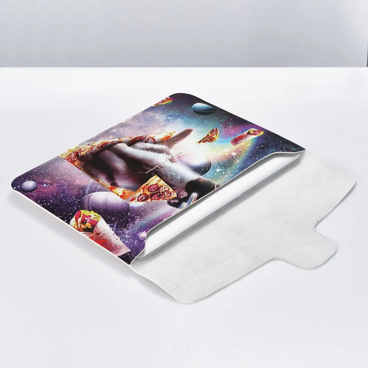Space Pizza Cat Meme PU Leather Horizontal Laptop Sleeve Shockproof Soft Lining Notebook Case 13 Inch