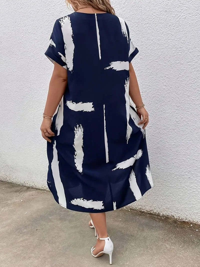 GIBSIE Plus Size V-neck Raglan Sleeve Summer Long Dress Women Casual Vacation Beach style Boho Printed Loose Dress for Female