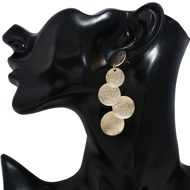 Retro Metal Long Statement Drop Earrings for Women Party Exaggerate Jewelry Brushed Metal Round Sequins Dangle Earrings Gift image 2