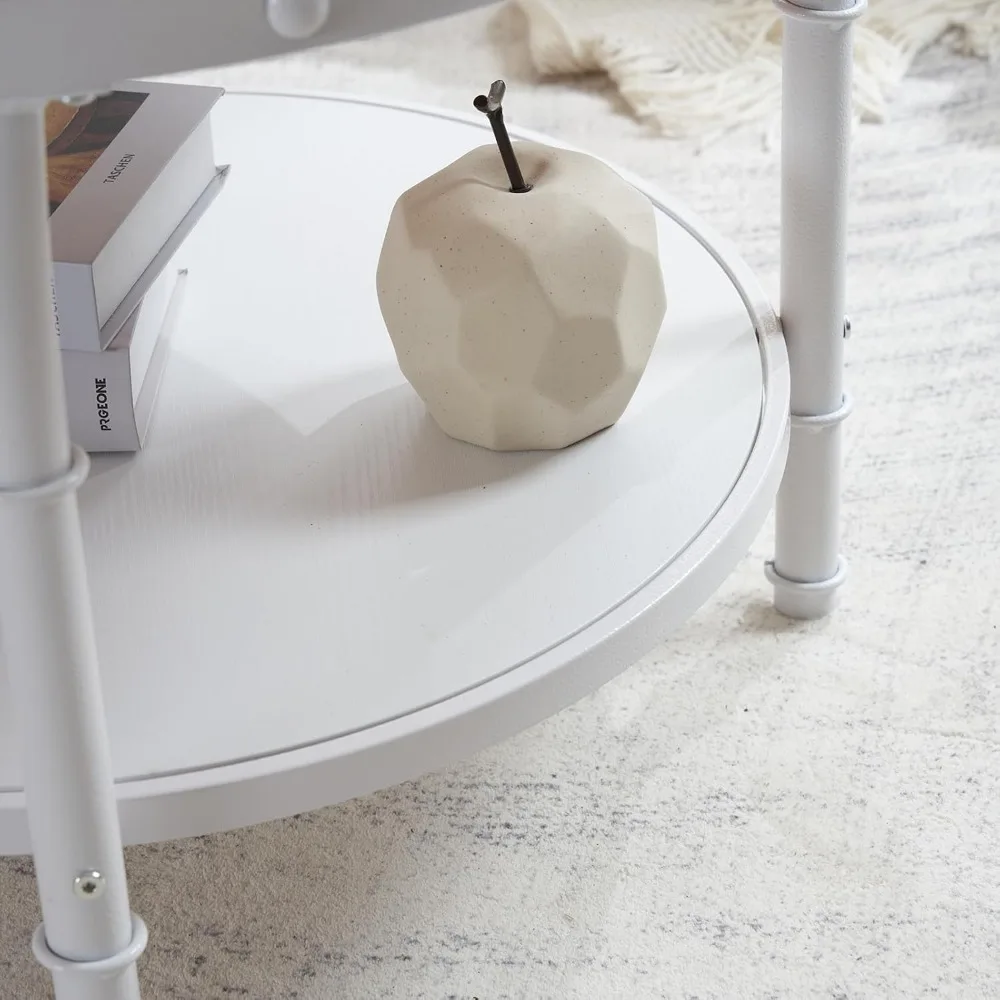 Tavolino da caffè rotondo da fattoria a 2 livelli bianco naturale con contenitore per accenti di soggiorno e camera da letto