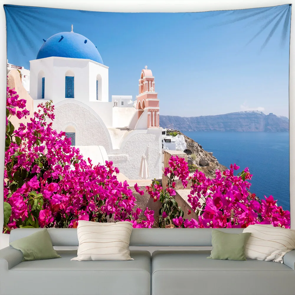 Greek Landscape Tapestry Seaside Town Streets Flowers Plants Blue White Door Window Architecture Garden Wall Hanging Home Decor