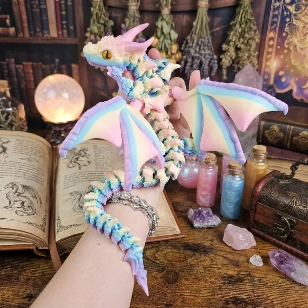 Funny 3D Printed Articulated Dragon Flexible Multi-Joint Dragon Figurine Multi-Color Double Horn Winged Dragon Model Kitchen