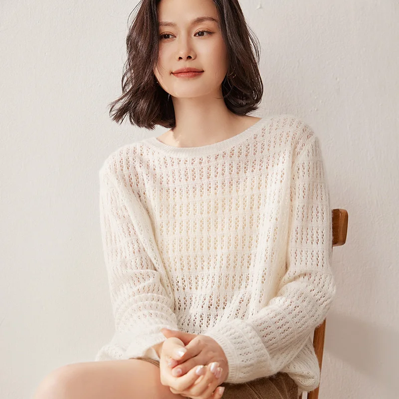 

ANGEL New Women 100% Cashmere Pullover Spring Autumn O-Neck Long Sleeve Sweater Winter Casual Loose Hollow Cashmere Knit Clothes